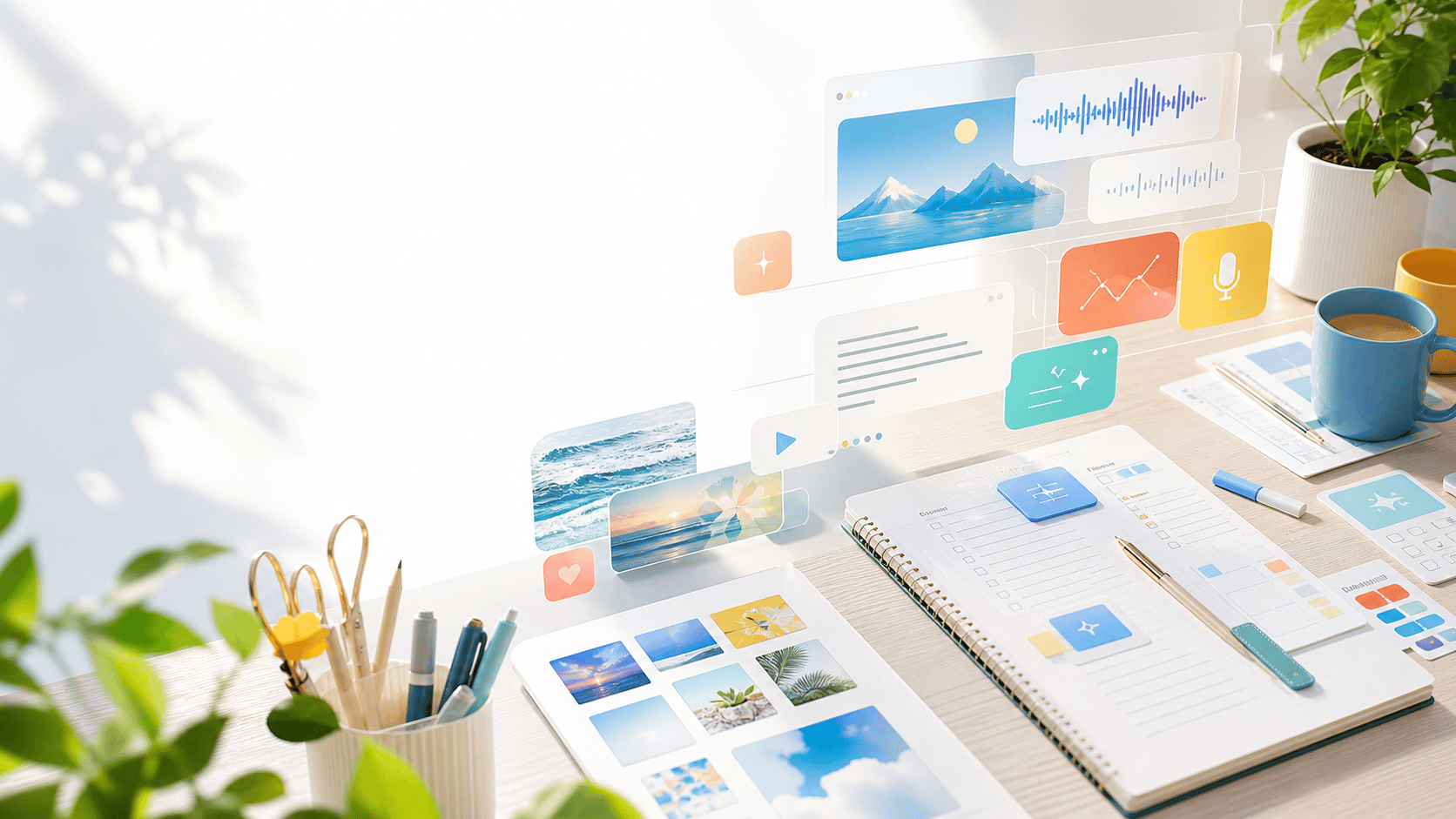 Alyaya bright AI productivity workbench with task cards and creative media panels